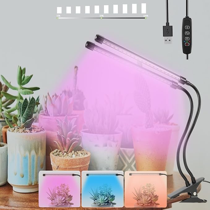Grow Lights for Indoor Plants, 6000K Full Spectrum Plant Lights for Indoor Growing White Red Led, Clip On Grow Light Plant Lamp for Seeding,Dimmable &Auto on/Off Timmer (Red+Blue, 2Head-1Pack)