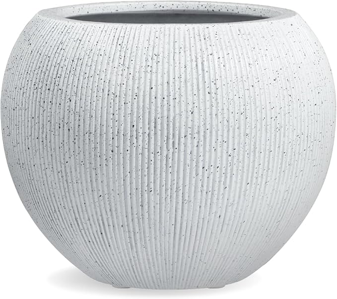 9.7" H x 12" D Globo Fiberstone Round Planter with Drainage Hole, Weather Resistant, Ribbed Finish, Planters for Indoor Plants & Outdoor, Extra Coco Mats (Speckled White, 7.8" Pot Opening)