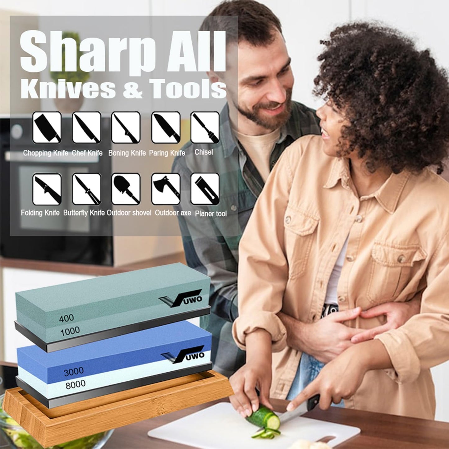 Knife Sharpening Stone Kit - Whetstone Grit 400/1000 3000/8000 Premium Knife Sharpener Wet Stone Set with Bamboo Base Angle Guide Leather Strop Flattening Stone Silicon holder