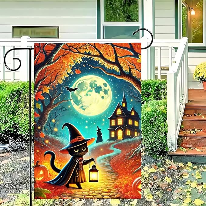 Halloween Garden Flag 11.81 x 17.72 Inch Black Cat in Witch Hat with Lantern Full Moon Haunted House Pumpkins and Autumn Leaves Outdoor Yard Decoration