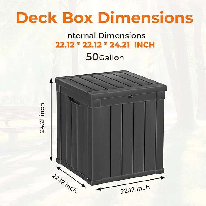 50 Gallon Deck Box, Resin Outdoor Indoor Waterproof Storage Box, Lockable Storage Box With Handle for Patio Furniture - Garden Tools - Swimming Pool Tools UV-Resistant, Black