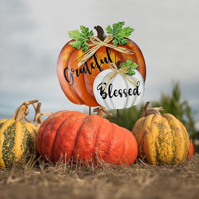 Metal Yard Pumpkin Fall Stakes Decorative Standing Garden Welcome Signs Lawn Stake Outdoor Autumn Harvest Halloween Thanksgiving Decor Pumpkins Pathway Decoration (Orange)