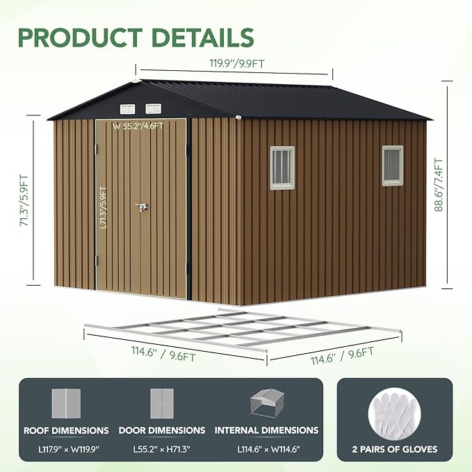 10X10X7.5 FT Outdoor Steel Storage Shed with Lockable Doors, 2 Windows, Frame Floor (No Wood/Other Boards), Ideal for Garden, Backyard, Patio Storage,Brown