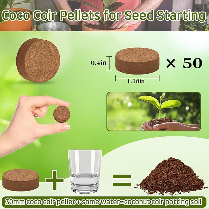 Halatool 50pcs 30mm Organic Coconut Coir Pellets Soil for Seed Starter, Compressed Coco Coir Potting Soil for Growing Vegetables, Fruits, Flowers