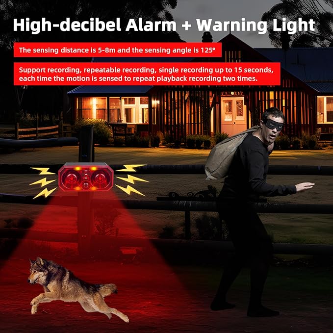 Solar Outdoor Cat Deterrent for Yard - Customizable Recording, Adjustable Volume, Multiple Modes, Ultrasonic Cat Deterrent for Farm, Pond, and Orchard Security with USB Charging and Remote Control