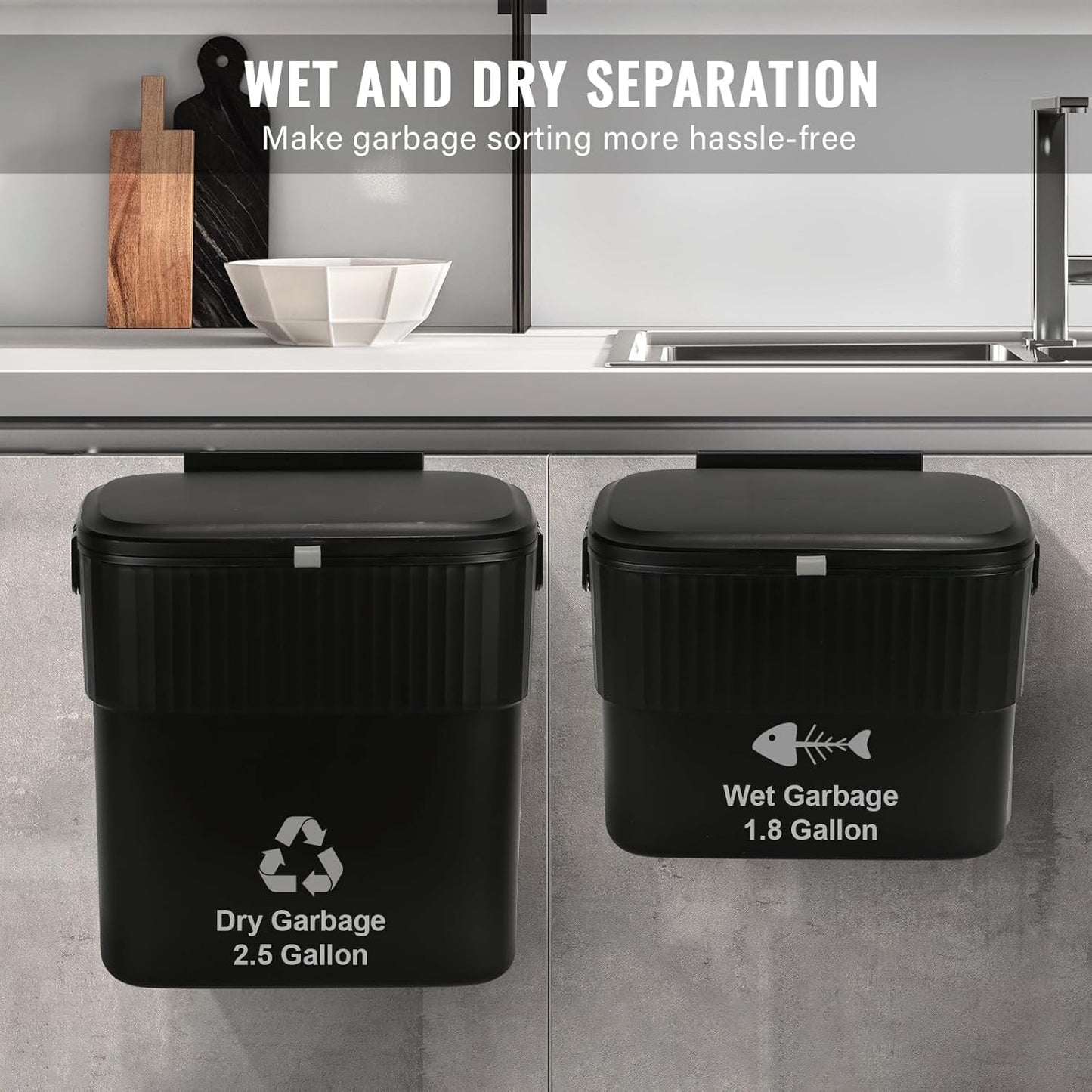 ELPHECO Kitchen Compost Bin with Lid 1.8 Gallon Hanging Trash Can with Lid, 7 Liter Wall-Mounted Garbage Can for Kitchen Cabinet Door, Small Under Sink Trash Can for Counter Top, Bathroom, Black