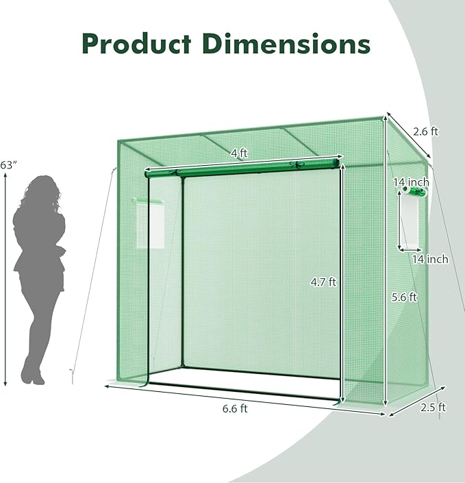 Happygrill Mini Greenhouse, Walk-in Greenhouse w/PE Cover, 4 Wind Ropes & Ground Stakes, Roll-up Zipper Door, Double-Layer Screen Windows, Portable Small Greenhouses for Outdoors, 6.6 x 2.5 x 5.6 FT