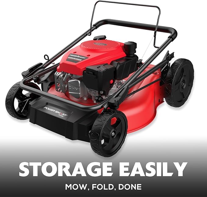 PowerSmart Gas Push Lawn Mower 21-inch 144cc 4-Stroke Engine with Easy Adjustable Cutting Height, High Wheels, 2-in-1 with Mulching, Rear Bagger