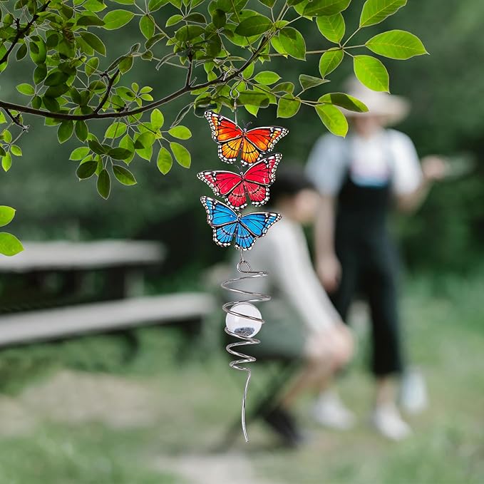 18" Wind Spinner Hanging Metal Figurine Spinner with Glass Ball for Garden Décor, Wind Sculptures & Spinners for Indoor Outdoor Garden Ornament, Butterfly