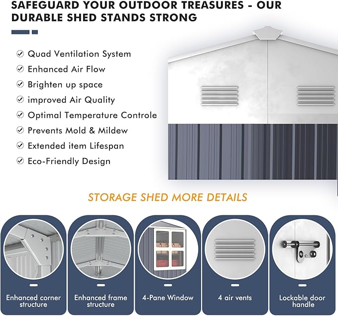 12x10 FT Metal Shed Heavy-Duty, Outdoor Storage Garden Sheds with Reinforced Steel Frame & Customizable Skylight, Weatherproof Galvanized Tool Tiny House for Backyard, Patio, and Lawn