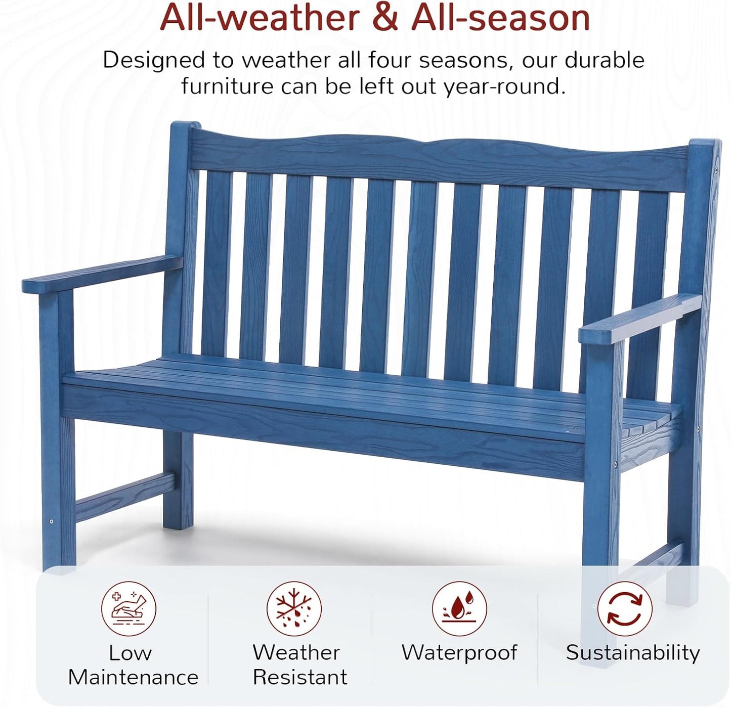 Stoog Outdoor Bench, 2-Person All-Weather HIPS Garden Bench with 800 lbs Weight Capacity, Never Rot or Fade, Waterproof Bench, for Outdoor, Patio, Garden, Porch, Backyard and Park, Blue