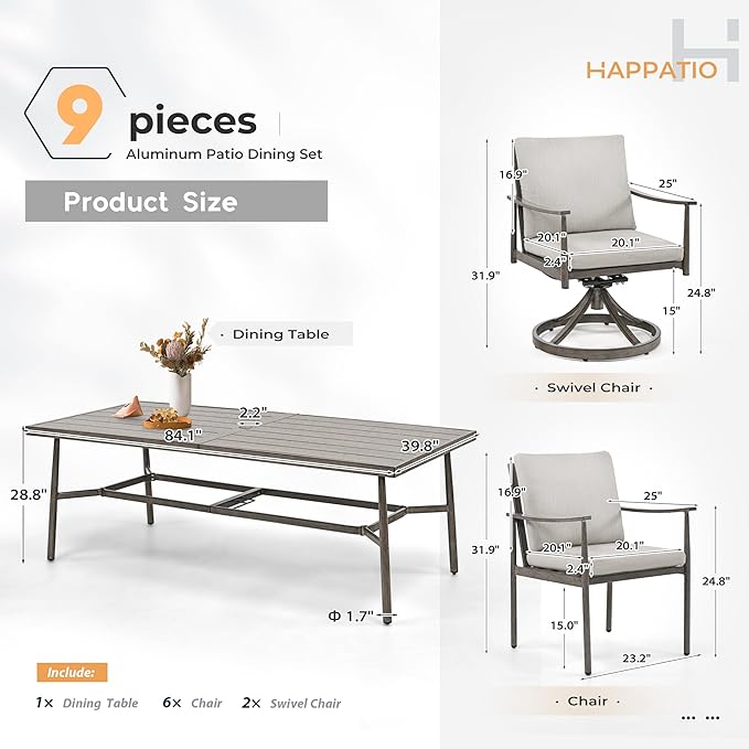 HAPPATIO 9-Piece Patio Table and Chairs Set for 8, Aluminum Outdoor Dining Set with Cushions, 6 Dining Chairs and 2 Swivel Chairs, 1 Large Rectangular Table with Umbrella Hole,Grey