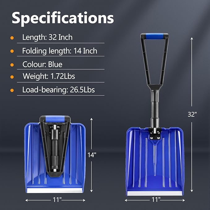 SHANTRA Folding Portable Snow Shovel, Aluminum Edge, D-Grip for Snow Removal, Car Driveway, Garden, Camping