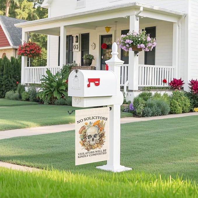No Soliciting Garden Flag, Funny Halloween Floral Skeleton Yard Sign for Outside, House Porch Fall Outdoor Decor for Gardener, No Solicitors Sign, Go Away Sign, Gardening Gifts for Family Friend