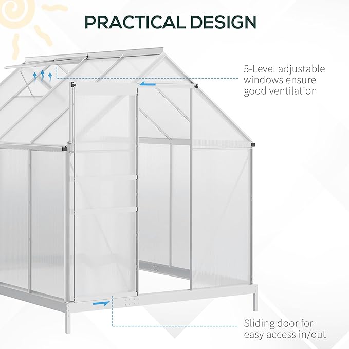 Outsunny 8' x 6' x 6.5' Polycarbonate Greenhouse with Aluminum Frame, Walk-in Heavy Duty Greenhouse with Adjustable Roof Vent, Rain Gutter and Sliding Door for Winter, Silver