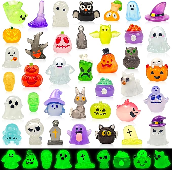 38 Pcs Halloween Luminous Mini Resin Figures Glow in The Dark Tiny Little Pumpkin Ghost Skull Miniature Figurines Bulk for Halloween Party Micro Landscape Fairy Garden Decor