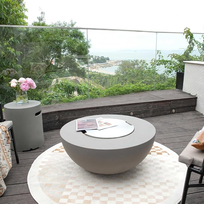 Roca Concrete Fire Pit 34" x 34" Patio Firepit Includes Lava Rocks Modern Fire Pits & Outdoor Fireplaces for Garden, Deck, Indoor & Outdoor Heating