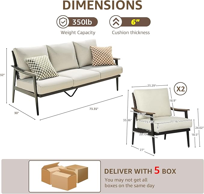 NATURAL EXPRESSIONS 5 Pieces Patio Furniture Set, Outdoor Furniture Sofa Sectional Modern Metal Patio Conversation Set with High Back Wicker Backrest & Loveseat for Balcony, Backyard, Deck, Porch