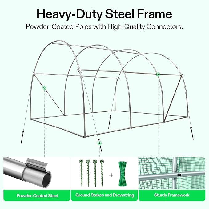 VIVOSUN 10x7x7 Ft. Large Walk in Greenhouse, Greenhouse Tunnel, Garden Plant Hot House with Green PE Cover, Roll-up Zipper Door and Window for Outdoor
