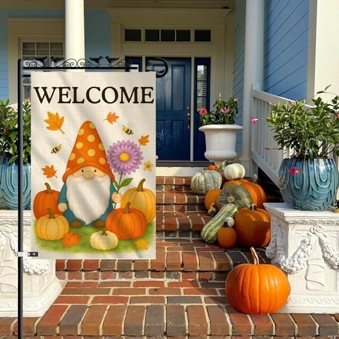 Fall Gnome Pumpkin Garden Flag 12x18 Double Sided – Burlap Front Yard Flag, Garden Flag Welcome, Weatherproof Farmhouse Outdoor Decor