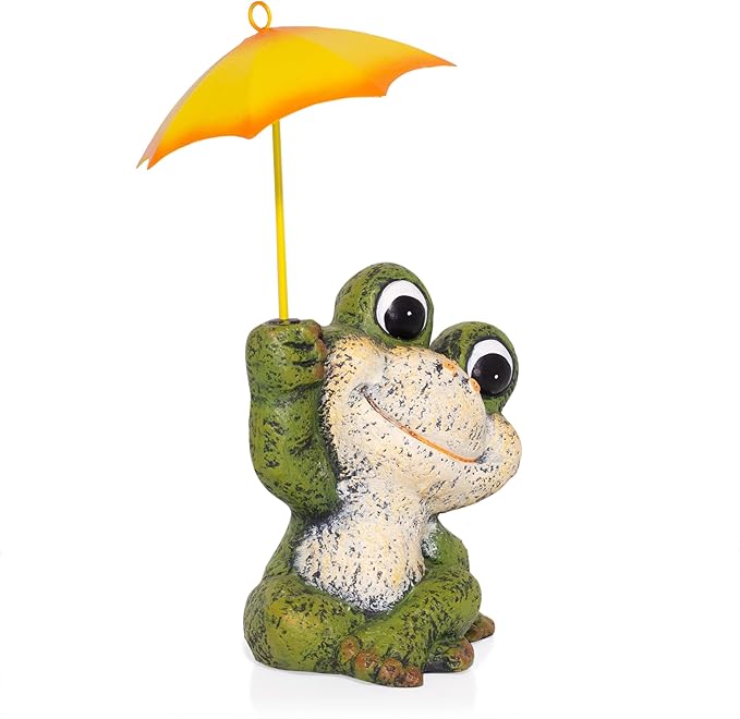 Alpine Corporation QWR1010HH 12" Tall Garden Frog Statue - Sitting Jolly Frog with Yellow Umbrella Decoration – Ceramic Yard & Patio Decor – Durable Lawn Sculpture