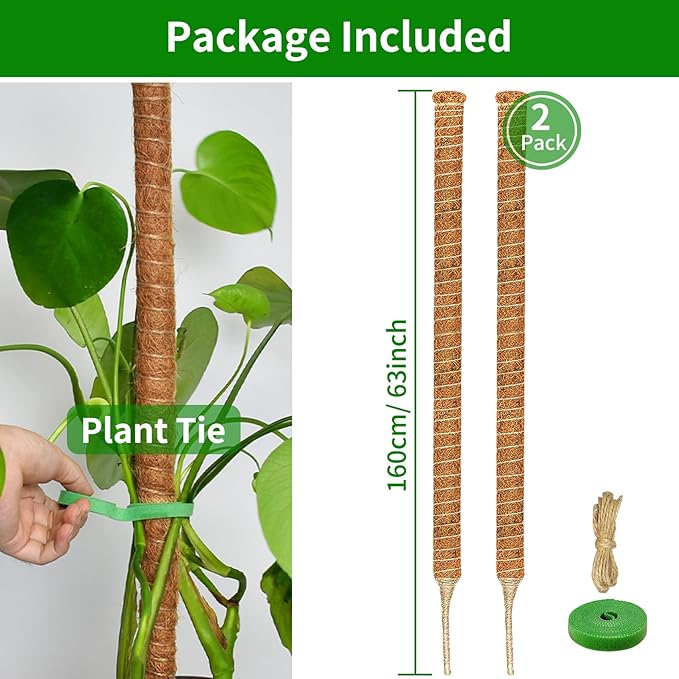 2 Pack Moss Pole, 63-Inch Moss Poles for Plants Monstera,Bendable Plant Support Stakes for Climbing Plants Indoor, Garden Trellis Plant Stick for Potted Plants, Pothos Philodendron
