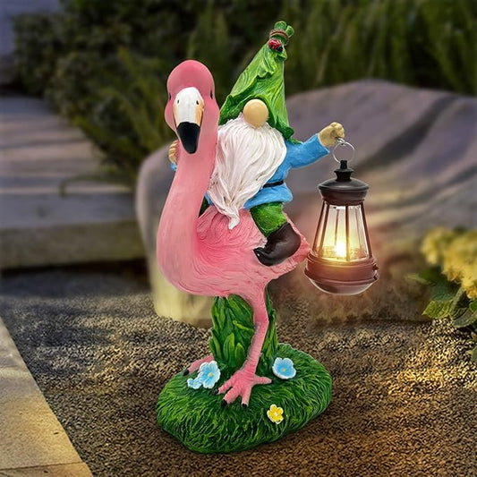Gnomes Flamingo with Solar Lantern, Whimsical Decor for Garden, Yard, Patio, Lawn, LED Lights - Unique Gift for Women, Mom, Friends(Blue Gnomes)