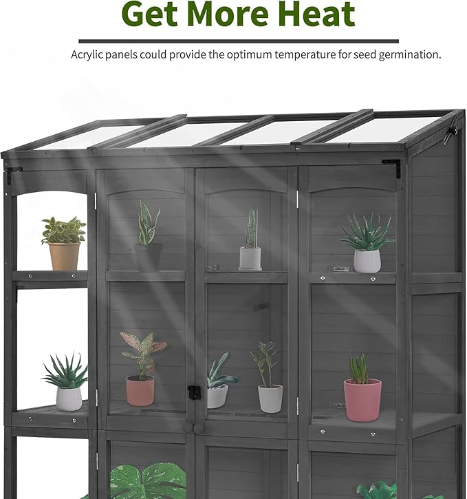 MCombo Wooden Greenhouse, Walk-in Outdoor Greenhouse with Openable Roof and Lockable Door, 0899 (Dark Grey)