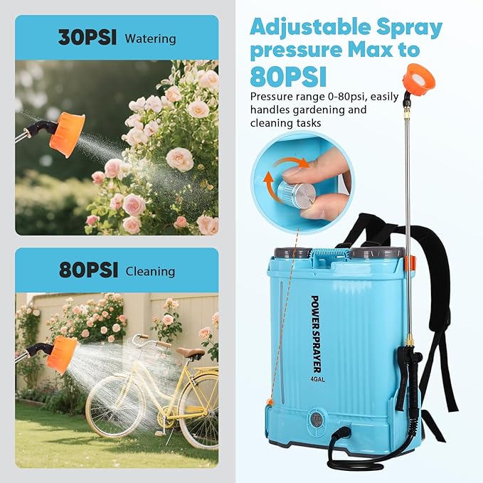 Battery Powered Backpack Sprayer, 4.2 Gallon Electric Sprayer for Weed Fertilizer Cleaning Watering, 80PSI Adjustable Pressure Lawn & Garden Sprayers with Telescopic Wand 8 Nozzles 2.6AH Battery