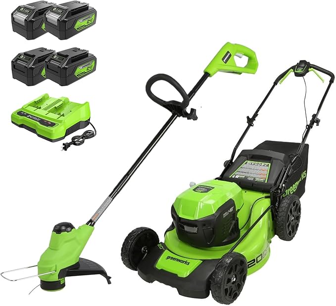 Greenworks 48V (2x24V) 20" Cordless pushMower & 10" String Trimmer Combo Kit – Ideal for Backyard Lawn Grooming, Edge Trimming & Small Garden Maintenance – W/ (4) 4.0Ah Batteries & Dual Port Charger