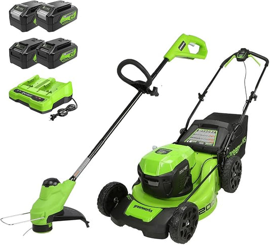Greenworks 48V (2x24V) 20" Cordless pushMower & 10" String Trimmer Combo Kit – Ideal for Backyard Lawn Grooming, Edge Trimming & Small Garden Maintenance – W/ (4) 4.0Ah Batteries & Dual Port Charger