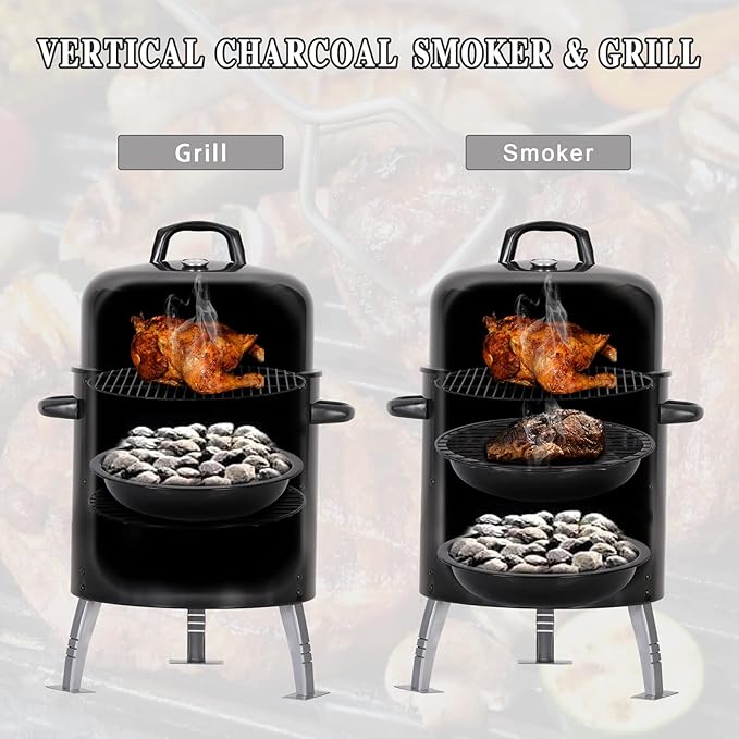 Sophia & William 17" Vertical Charcoal Smoker Grills with Two-Tier Grates, Heavy-Duty Integral Chamber and Tunnel Ventilation System for BBQ, Patio, Outdoor Camping(Black)