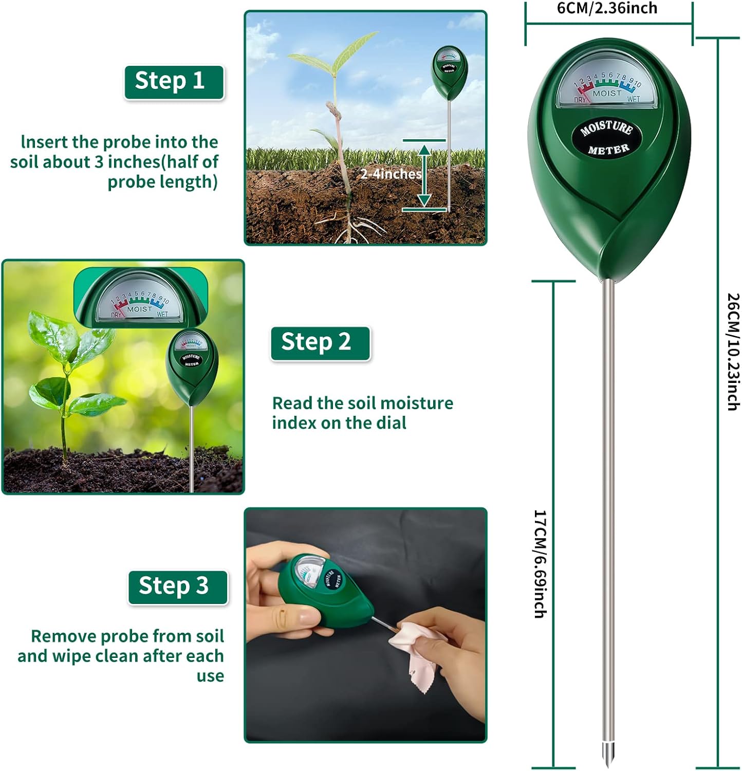 SZHLUX Moisture Meter Water Monitor Soil Hygrometer Sensor Care, Lawn, Farm, Indoor & Outdoor. (Plant Gifts for Gardeners), 10.23inch, Green