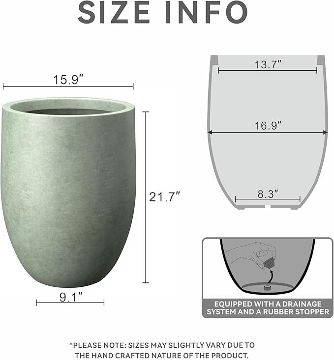 Kante 21.7" H Mint Green Tall Planter, Large Outdoor Indoor Decorative Pot with Drainage Hole and Rubber Plug, Modern Round Style for Home and Garden