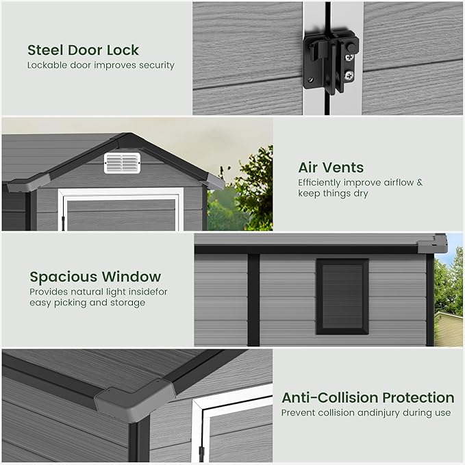 GVDV 4×6 FT Outdoor Resin Plastic Storage Shed with Reinforced Floor, All-Weather Plastic Shed with Lockable Door, Window and Vent, Waterproof Tool Storage for Garden, Backyard, Patio, Tool Storage