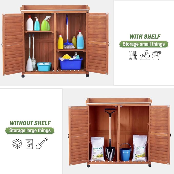 Outdoor Potting Bench with Metal Work Top,Waterproof Garden Storage Cabinet,Wooden Tool Station Shed for Backyard,Patio,Lawn Gardening