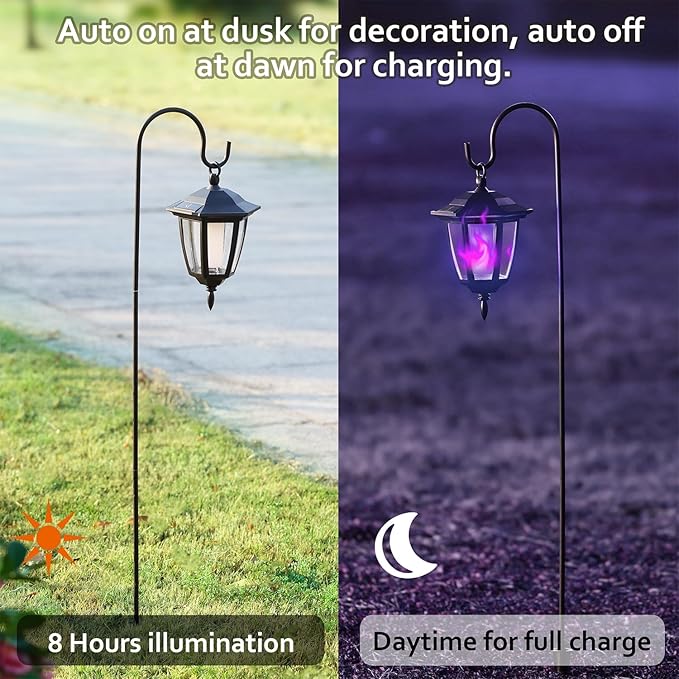 Dynaming 2 Pack Solar Halloween Flame Hanging Lights Outdoor, Flickering Flame LED Garden Lanterns with 2x38 Inch Shepherd Hooks, Landscape Lighting Waterproof for Lawn Yard Pathway Driveway, Purple
