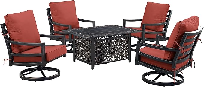 Oakland Living Black Aluminum Patio Fire Table Set with Four Club Chairs with Red Cushions