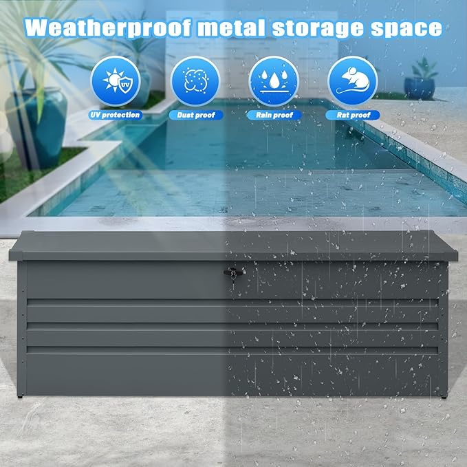 260 Gallon Metal Outdoor Storage Box Waterproof, Extra Large Deck Box and Patio Cushion Box for Storing Gardening Tools, Pool Supplies