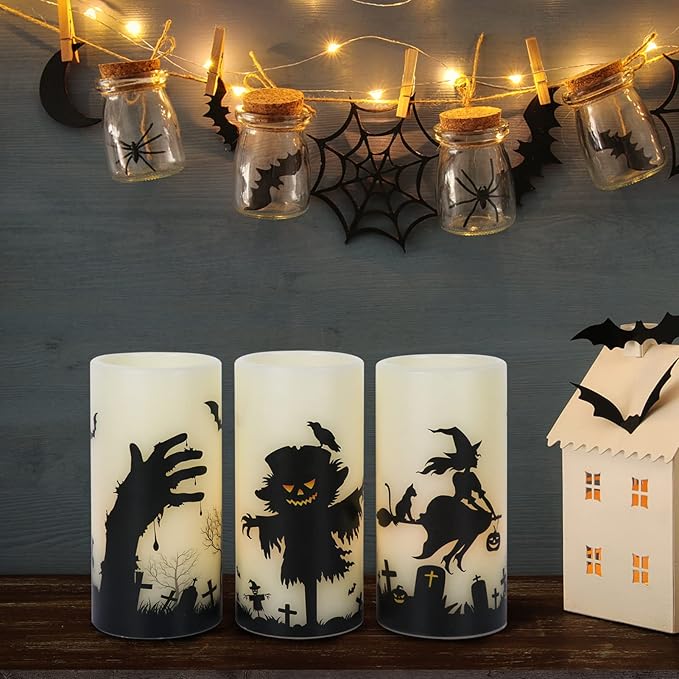 Eldnacele Halloween Flickering Candles Set of 3 Battery Operated Halloween Themed LED Candles Horror Spooky Decoration…
