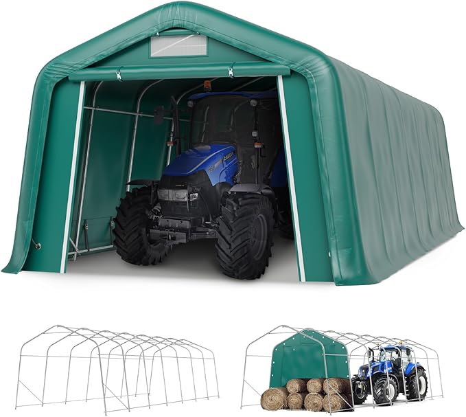 GREEN PARTY 11' x 28' Heavy Duty Carport, Portable Storage Shelter Shed Outdoor Carport with Roll-up Zipper Door & Vents, Storage Car Canopy Car Tent Garage for SUV, Truck and Boat, 200g PE Cover