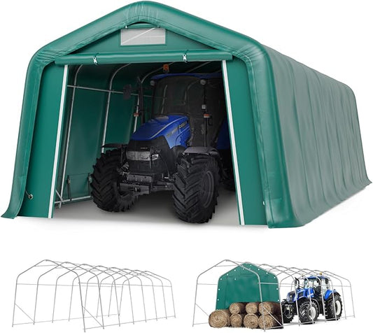 GREEN PARTY 11' x 28' Heavy Duty Carport, Portable Storage Shelter Shed Outdoor Carport with Roll-up Zipper Door & Vents, Storage Car Canopy Car Tent Garage for SUV, Truck and Boat, 200g PE Cover