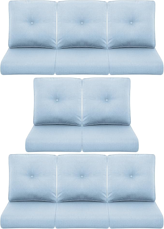 8-Piece Outdoor Patio Cushion Set - Fade & Water Resistant with Removable Olefin Cover, 22x24x4 Inch Memory Foam Cushions for Wicker Sectional Sofa – Baby Blue/Buckle