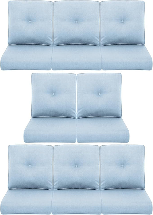 8-Piece Outdoor Patio Cushion Set - Fade & Water Resistant with Removable Olefin Cover, 22x24x4 Inch Memory Foam Cushions for Wicker Sectional Sofa – Baby Blue/Buckle