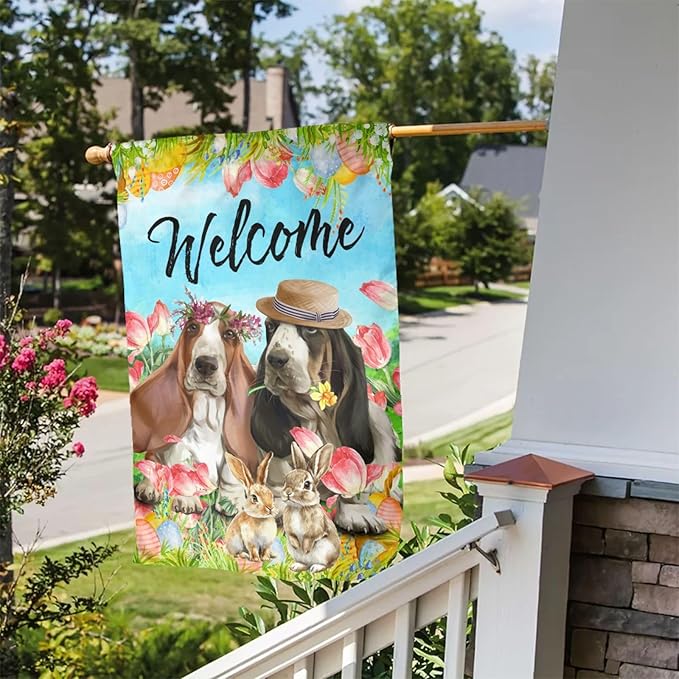 Happy Easter Basset Hound Dog Flowers Eggs Bunny Garden Flag Welcome Party Outdoor Outside Decorations Picks Home House Garden Yard Decor 12x18 Inch