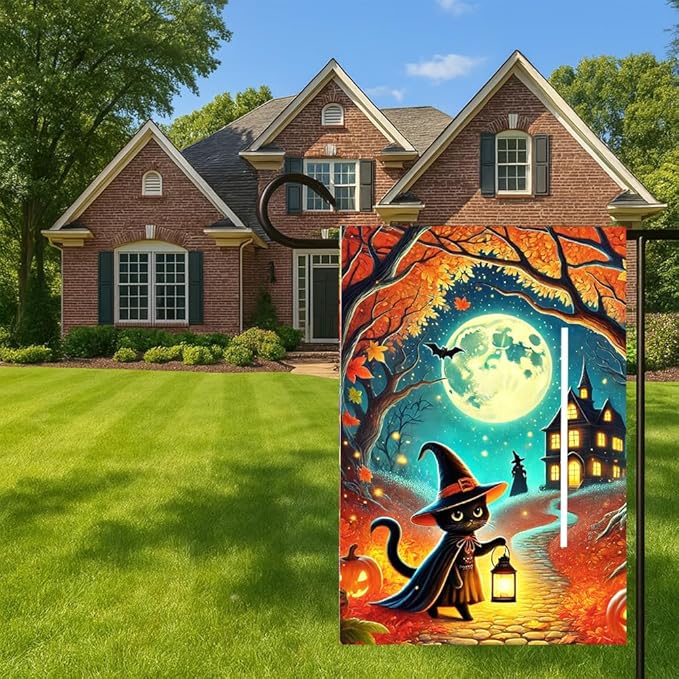 Halloween Garden Flag 11.81 x 17.72 Inch Black Cat in Witch Hat with Lantern Full Moon Haunted House Pumpkins and Autumn Leaves Outdoor Yard Decoration