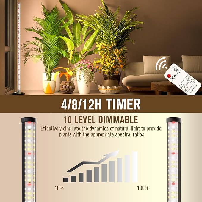 bedee LED Grow Light for Indoor Plants: 65 Inch Full Spectrum Plant Lights for Seed Starting with Timer and 10 Level Dimmable Standing Plant Growing Lamp for Greenhouse with Hanging Accessories