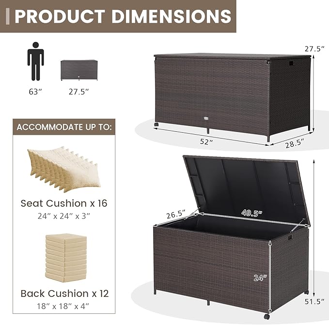 Tangkula 133 Gallon Deck Storage Box, Patio Rattan Storage Container with 2 Universal Wheels, Safety Pneumatic Rod, Zippered Liner, Sturdy Steel Frame, Ideal for Backyard, Poolside