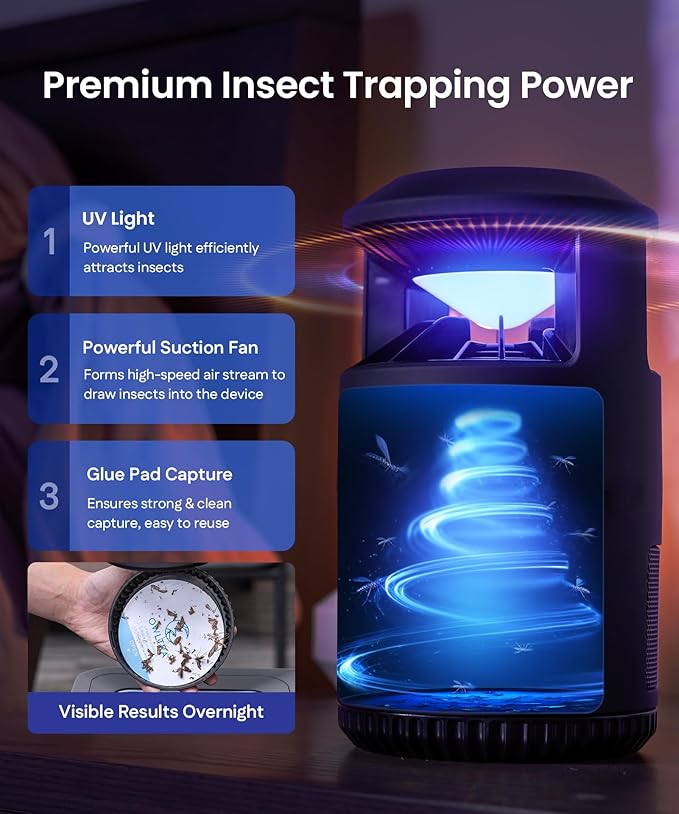 IMT-L60 Indoor Electric Insect Trap, Catcher & Killer Lamp for Fruit Flies, Mosquitos, Moths, Gnats, and More with UV Light Attraction and Fan Suction, Black