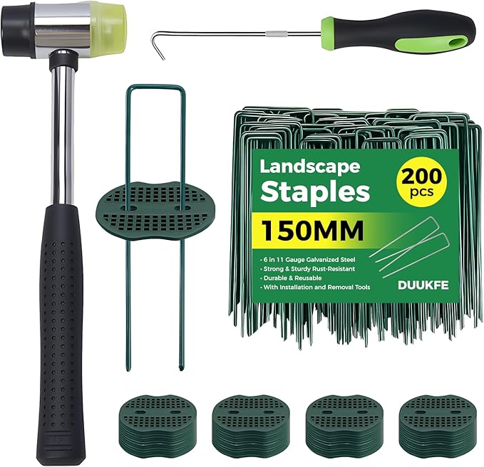 200pcs 6 Inch Green Artificial Turf Stakes Staples+200pcs Washer+Pick Hook+Rubber Mallet,11 Gauge Landscape Staples, Galvanized Lawn Spikes Yard Ground Pin for Artificial Grass Weed Barrier Sod Fabric